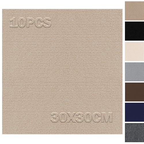Teppichfliesen 30x30cm Selbstliegend - 10 Stück Set - 0.9m² - Teppichfliesen Selbstklebend, Teppichboden mit Rückseite, Teppich Fliesen zum Zuschneiden für Wohnung, Haus, Schlafzimmer, Hellbraun von Bcuuozeeing