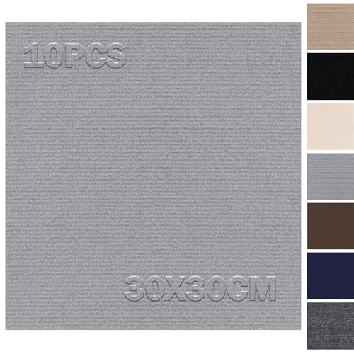 Teppichfliesen Selbstklebend 30x30cm - 10 Stück Set - 0.9m² - Teppichboden, Teppichfliesen Selbstliegend, Teppich Fliesen mit Rückendeckung, Teppich Bodenbelag für Gewerbe, Wohnung, Büro, Hellgrau von Bcuuozeeing