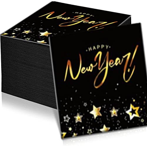 100 Stück, Größe 33x33 cm,Papierservietten Happy New Year- Schwarze Servietten mit goldmetallischer Happy New Year Aufschrift - Schwarz/Gold Silvester Neujahr Party Dekoration von Bdecoll