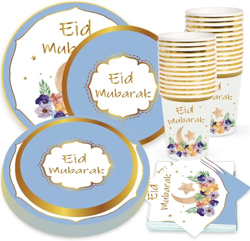 Bdecoll Luxuriöses Weißgold Eid Mubarak Geschirr Reusable Set für Ramadan Mubarak Tischdekorationen Muslimisches Ramadan Dessertteller Eid Servietten Teller für Ramadan Party von Bdecoll