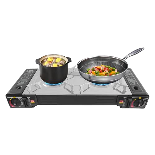 Campingkocher mit Gaskartusche, 2-Flammig Tischgrill Gas 2500W, Mini Gasgrill Camping Grill Schwarz Tragbar für Camping, Outdoor und indoor, Einfache Reinigung von Bdneygtyr