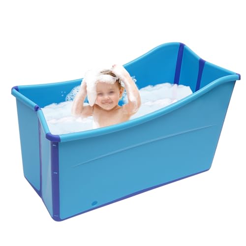 Faltbare Badewanne für Erwachsene, 87L Mobile Badewanne aus PP+TPE, 90kg Tragfähigkeit, Klappbare sitzbadewanne erwachsene für Innen/Outdoor, mit Abflussrohr & Zubehör, Blau von Bdneygtyr