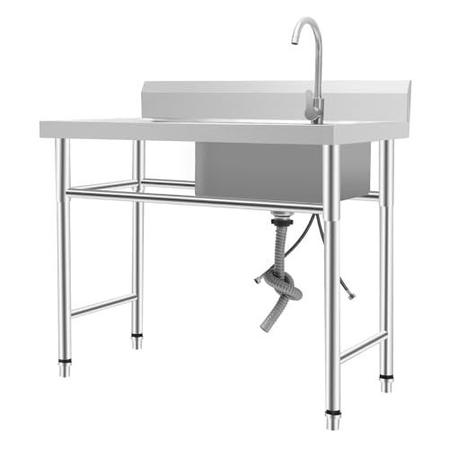 Freistehende Edelstahl Spültisch, Utility Mobile Spüle mit Wasserhahn, 1 Becken Spühlbecken mit Arbeitsplatte und untere Ablage für Außen, Innen, Küche, Restaurant,100x60x93cm von Bdneygtyr