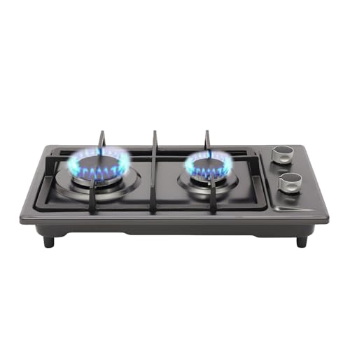 Gaskochfeld 2-Flammig, Gasherd Propan Schwarz 51×31 cm, Einbau Kochfeld Camping, Cooktops mit Düsen für Camping, Balkon & Outdoor-Küche, Piezozündung von Bdneygtyr