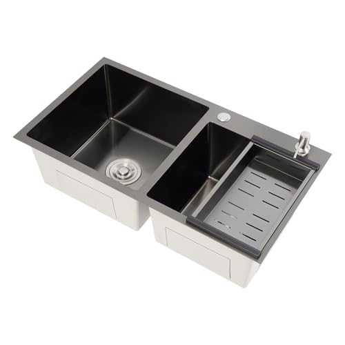 Küchenspüle, Edelstahl Einbauspüle Küchenspüle,2 Becken Robuste Spülbecken Schwarz Waschbecken Küche mit Schmutzfänger, Abflussrohre, Seifenspender Wasserhahn Praktisch von Bdneygtyr