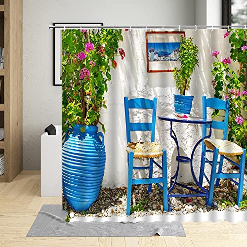 3D Duschvorhang Traditionelles Griechenland Griechisches Design Stadt Straße Duschvorhang Blumen Fenster Badezimmer Wohnkultur wasserdichte Badevorhänge Mit Haken,180(W)*200(H) cm von Bdwtsvoksrk