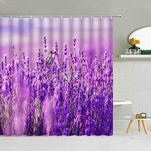 Bdwtsvoksrk Lavendel Schmetterling Pastorale Landschaft Duschvorhänge Garten Lila Blume Landschaft Badezimmer Dekor Wasserdichter Stoff Vorhang,180X200Cm von Bdwtsvoksrk