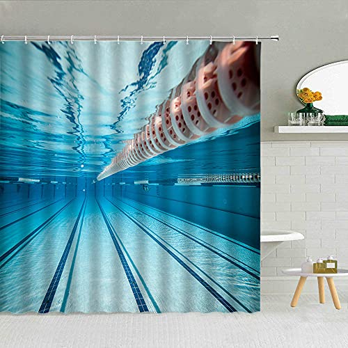Bdwtsvoksrk Schwimmen Sport Thema Duschvorhang Sommer Hell Schwimmbad Badezimmer Dekor Hause Bad Blau Wasserdicht Polyester Stoff Vorhänge,180X200Cm von Bdwtsvoksrk