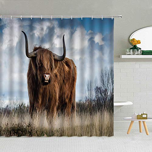 Bdwtsvoksrk Waschbarer Duschvorhang Highland Cow 3D-Druck Wasserdichtes Tuch Wildlife Badezimmer Vorhänge Tier Badewanne Dekor Mit Haken,180X200Cm von Bdwtsvoksrk