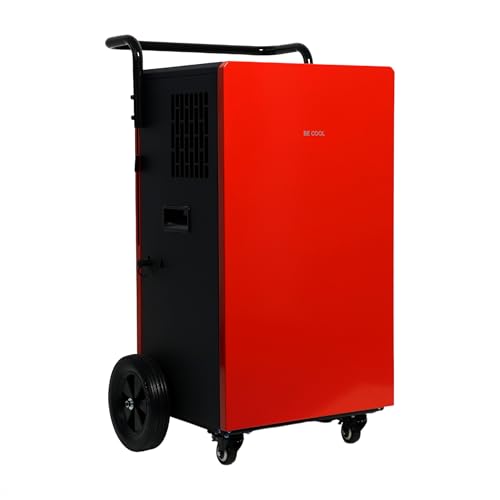 BE COOL Bautrockner/Luftentfeuchter 110l BC110LEF2202 – Entfeuchtung ca. 110l/24h, Metallgehäuse, Griff und Laufrollen, Luftumwälzung: 700 m³/h, bis max. 230 m² Raumgröße, integr. Pumpe, schwarz/rot von Be Cool