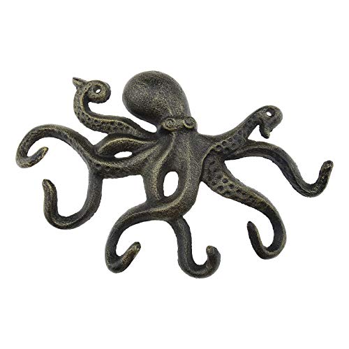 Be In Your Mind Bronze Oktopus Kleiderhaken mit 6 Tentakelhaken Gusseisern Wandmontierter Haken 10 Zoll für Hut Schal Schlüssel Rucksack von Be In Your Mind