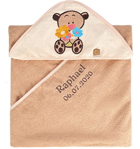 Be Mammy Kapuzenhandtuch Babyhandtuch aus Baumwolle Bestickt mit Name und Geburtsdatum Oeko-Tex Standard 100 100cm x 100cm BE20-281-BBL (Beige - Bär) von Be Mammy