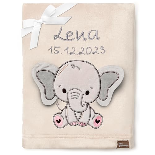 Be Mammy Personalisierte Babydecke mit 3D Applikation Warme Kuscheldecke mit Namen und Geburtsdatum; Perfektes Baby Geschenk; Blanket; Krabbeldecke BE20-280 (Beige - Elefant) von Be Mammy