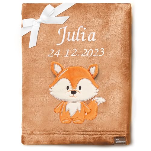 Be Mammy Personalisierte Babydecke mit 3D Applikation Warme Kuscheldecke mit Namen und Geburtsdatum; Perfektes Baby Geschenk; Blanket; Krabbeldecke BE20-280 (Braun - Fuchs) von Be Mammy