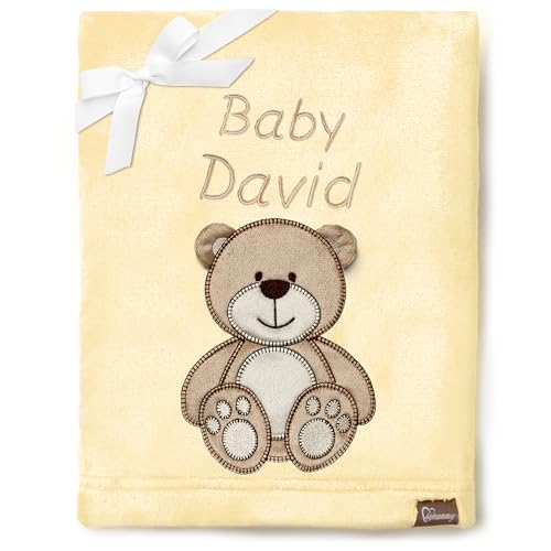 Be Mammy Personalisierte Babydecke mit 3D Applikation Warme Kuscheldecke mit Namen und Geburtsdatum; Perfektes Baby Geschenk; Blanket; Krabbeldecke BE20-280 (Gelb - Bär) von Be Mammy