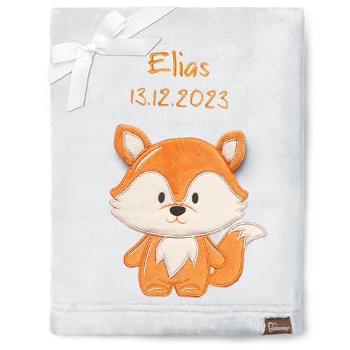 Be Mammy Personalisierte Babydecke mit 3D Applikation Warme Kuscheldecke mit Namen und Geburtsdatum; Perfektes Baby Geschenk; Blanket; Krabbeldecke BE20-280 (Hellgrau - Fuchs) von Be Mammy