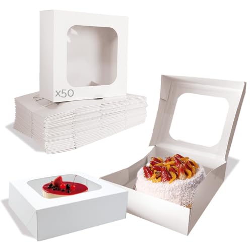 Be Your Packer 50 Tortenschachteln mit Fenster - 23x23x7,5 cm - Verpackungen für Torten, Gebäck und Süßigkeiten aus weißem Kraftkarton von Be Your Packer