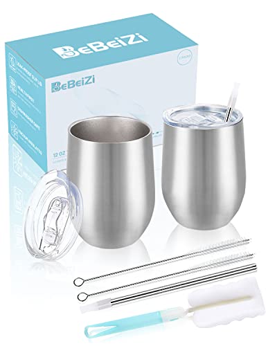 BeBeiZi 2 Stück Weinbecher Edelstahl, 350ml Stemless Weinbecher Mit Deckel Und Strohhalm, Vakuumisolierte Reisekaffeetasse für Cocktails, Coffee, Hochzeitsgeschenk, Geburtstag Frauen, DIY von BeBeiZi