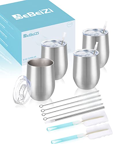 BeBeiZi 4 Stück Weinbecher Edelstahl, 350ml Stemless Weinbecher Mit Deckel Und Strohhalm, Vakuumisolierte Reisekaffeetasse für Cocktails, Coffee, Hochzeitsgeschenk, Geburtstag Frauen, DIY BeBeiZi 4 Stück Weinbecher Edelstahl, 350ml Stemless Weinbecher Mit Deckel Und Strohhalm, Vakuumisolierte Reisekaffeetasse für Cocktails, Coffee, Hochzeitsgeschenk, Geburtstag Frauen, DIY von BeBeiZi