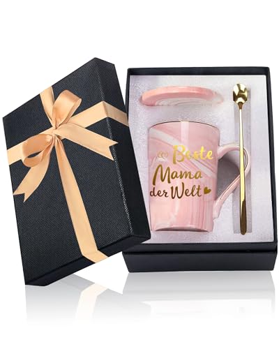 Beste Mama der Welt Kaffeebecher, Muttertagsgeschenke für Mama von Tochter Sohn, 14OZ (400 ml) Keramik Marmorbecher Teetasche mit Deckel Goldenem Löffel und Geschenkbox von BeBeiZi