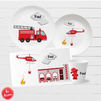 Kindergeschirr Personalisiert Mit Namen Feuerwehr - Geschenk Für Jungen Feuerwehrauto & Feuerwehrhubschrauber, 1. Geburtstag, Taufe von BeBravePersonalized