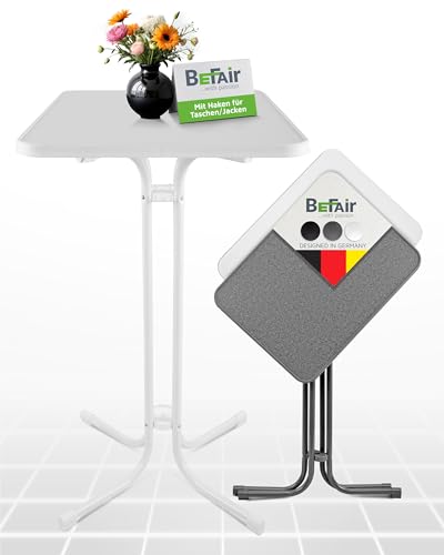 BeFair Stehtisch Klappbar Weiß Rechteckig 60 x 80 cm Ela - Stabiler Partytisch in Höhe 110 cm mit 4 praktischen Haken für Jacken oder Handtaschen für Empfänge, Hochzeiten und Grillpartys von BeFair