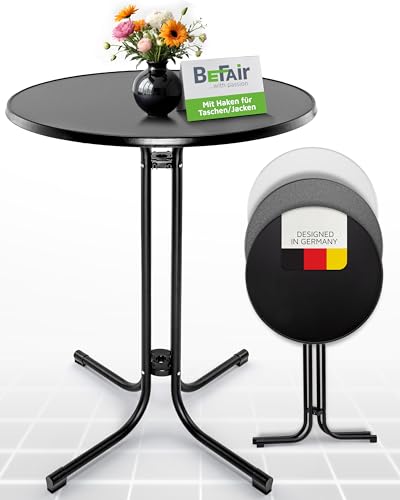 BeFair Stehtisch Klappbar Schwarz Ø 80 cm Rund Nico - Stabiler Partytisch in Höhe 110 cm mit 4 praktischen Haken für Jacken oder Handtaschen - Wetterbeständig mit kratzfester Tischplatte von BeFair