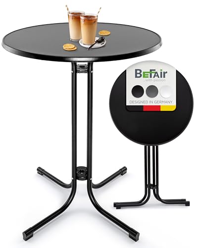 BeFair Stehtisch Klappbar Schwarz Ø 80 cm Rund Nico - Stabiler Partytisch in Höhe 110 cm mit 4 praktischen Haken für Jacken oder Handtaschen - Wetterbeständig mit kratzfester Tischplatte von BeFair