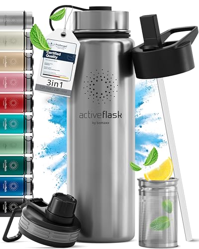 Trinkflasche Edelstahl ACTIVE FLASK + Strohhalm (3 Deckel) BPA-frei, Auslaufsicher, Kohlensäure geeignet - Wasserflasche Fahrrad Thermosflasche Isoliert Isolierflasche Sport Wasser Flasche Kinder Tee von BeMaxx