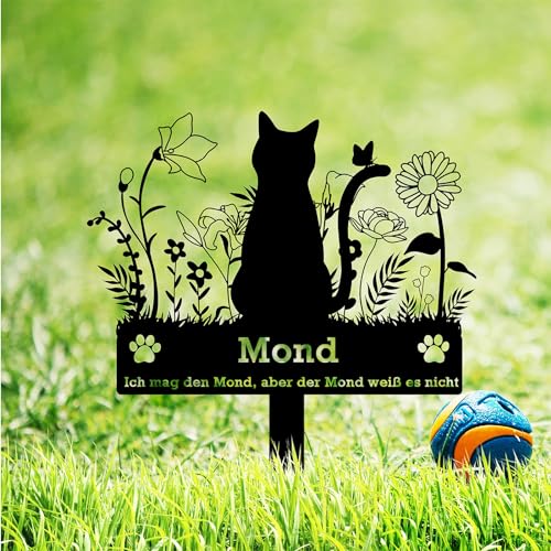 BeNsil Grabstein Katze für Draußen,Tier Grabstein Katze,Design Gedenkstandbild Gedenktafel mit Gravur Fotogravur, Design Edelstahl Grabstecker Katzenfigur von BeNsil