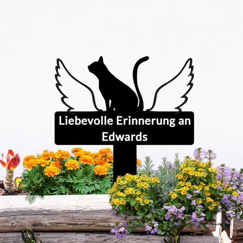 BeNsil Grabstein Katze für Draußen,Tier Grabstein Katze,Design Gedenkstandbild Gedenktafel mit Gravur Fotogravur, Design Edelstahl Grabstecker Katzenfigur von BeNsil