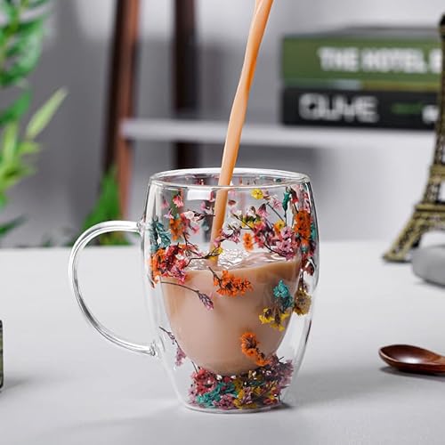 BeNtLi Doppelschichtige Kaffeetasse aus Glas, doppelschichtige Trockenblumenschalentasse, hitzebeständige Borosilikatglastasse mit Griff, 350-ml-Saftbecher (C) von BeNtLi