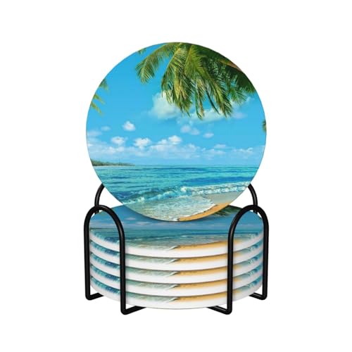 Untersetzer, Keramik-Untersetzer mit Halter, Getränkeuntersetzer, Tassenunterlage, 6er-Set,Drucken Ozean Meer Strand Palmenblätter von BeNtli
