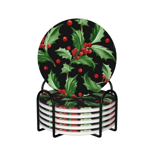 BeNtli Untersetzer, Keramik, Rund, 6er-Set, Grün, Frohe Weihnachten, Holly von BeNtli