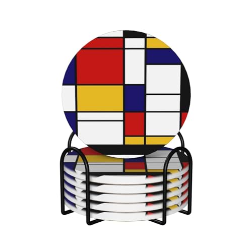 Untersetzer, Keramik-Untersetzer mit Halter, Getränkeuntersetzer, Tassenunterlage, 6er-Set,Künstlerische Mondrian Stil Farbkomposition Rot von BeNtli