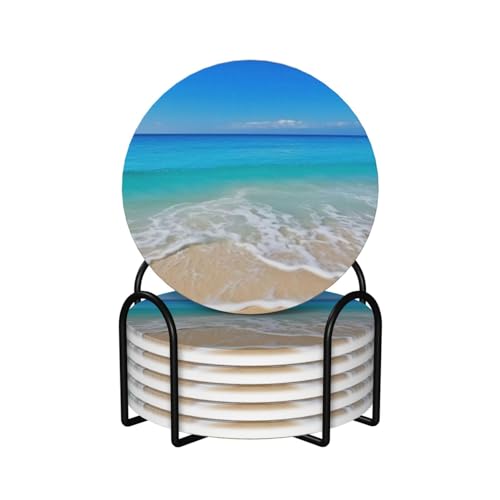 Untersetzer, Keramik-Untersetzer mit Halter, Getränkeuntersetzer, Tassenunterlage, 6er-Set,Strand und Meer von BeNtli
