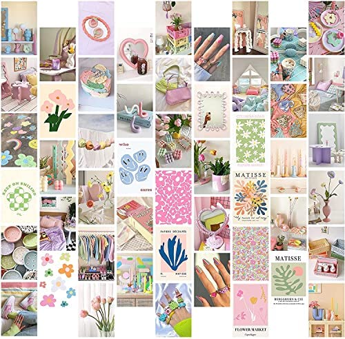 BeYumi Pastell Ästhetische Wand Collage, Warme Farbe Raumdekoration für Mädchen Kleines Poster für Wohnheim Kunstdruck Fotosammlung im Vintage Stil Schlafzimmer Dekoration DEBY-Box Card Pink 50P von BeYumi