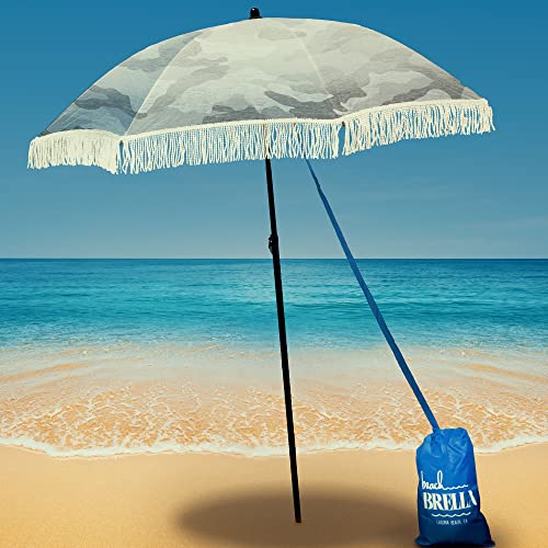 Beach Brella Strandschirm für Sand – bester Strandschirm winddicht mit tragbarem Sportschirm, Fransen und Denim-Strandschirmtasche mit spitzem Boden und 100% UV-Sonnenschutz – Bahama (Calliope) von Beach Brella