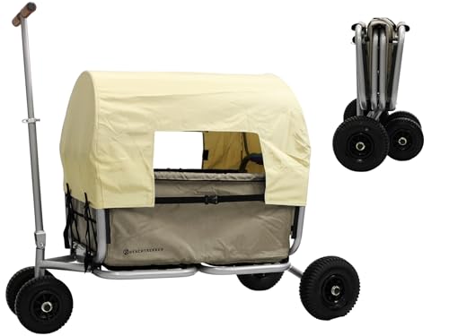 Beachtrekker Life Faltbarer Bollerwagen, klappbarer Handwagen + Feststellbremse + Sonnenverdeck (Luftreifen, Beige) von Beachtrekker