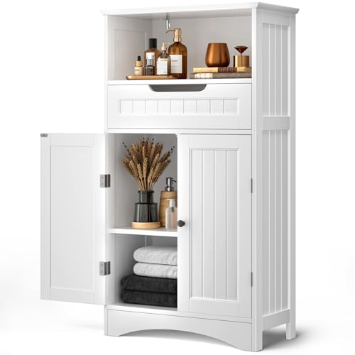 Bealife Badezimmerschrank, Badezimmer-Aufbewahrungsschränke mit großer Schublade, 2 Türen mit verstellbaren Regalen für Badezimmer, Wohnzimmer, Schlafzimmer, 108 x 60 x 30 cm, Weiß von Bealife