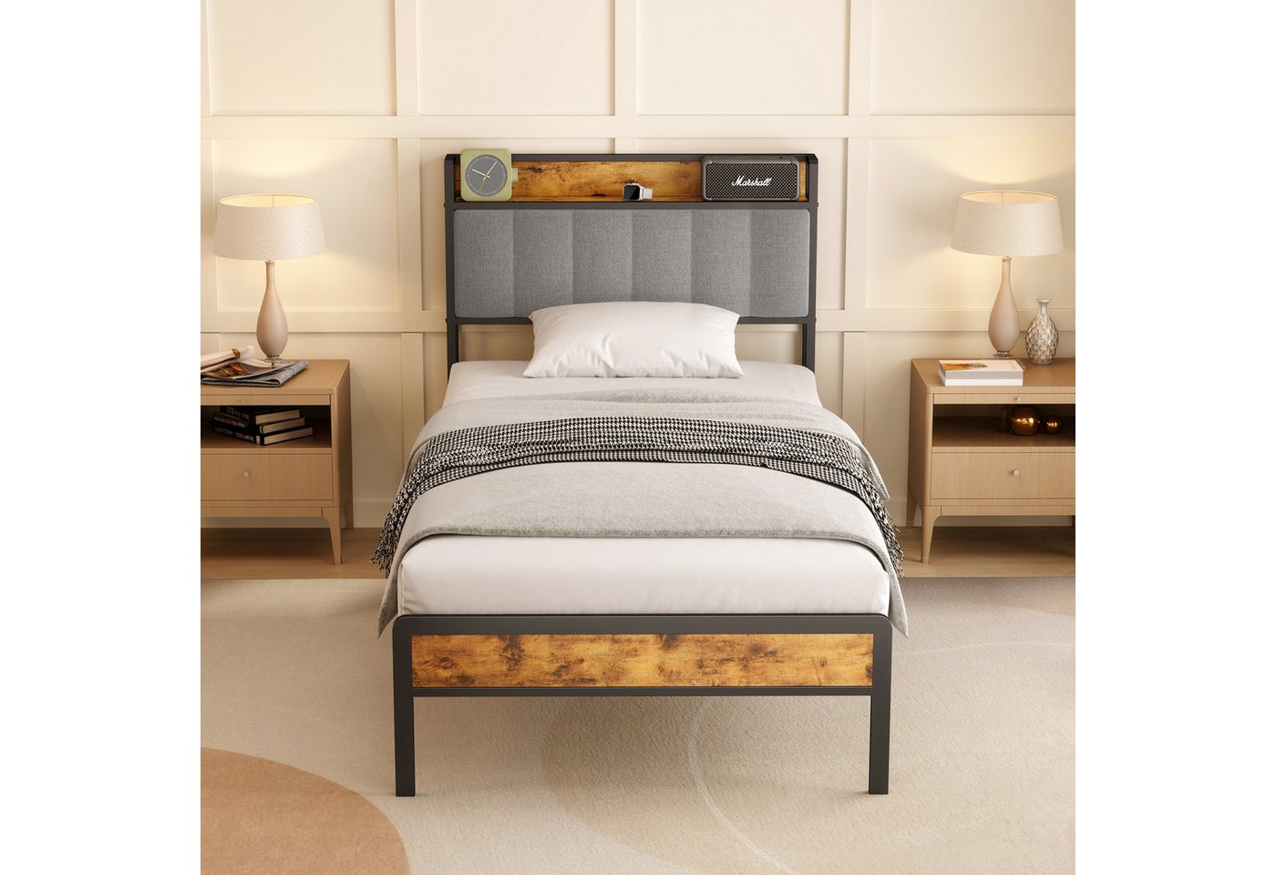 Bealife Einzelbett Bettrahmen Holz Metallbett,Bettgestell aus Metall,90x220 von Bealife