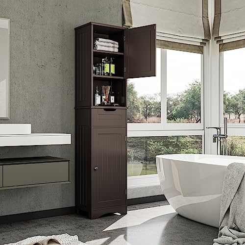 Bealife Hochschrank Badezimmer, Badschrank mit verstellbaren Regalen, Badezimmerschrank mit offenem Fach, Schublade und Türen für Badezimmer, Wohnzimmer, Schlafzimmer - Dunkelbraun von Bealife