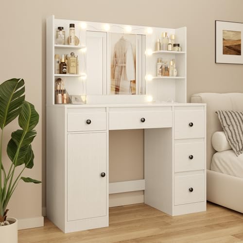 Bealife Schminktisch mit LED-Beleuchtung, 3 Farben & Einstellbarer Helligkeit, 5 Schubladen & Aufbewahrungsschrank, Frisiertisch mit Spiegel & Ablagen, modern, weiß von Bealife