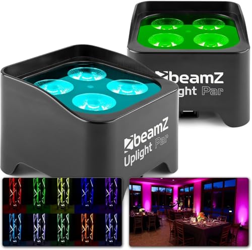 BeamZ BBP90 Uplight PAR Akku LED Strahler 4x 4 Watt, Bühnenbeleuchtung 2er Set für DJ Pult, Bühnenlicht, Discolicht, DMX, Partylicht Musikgesteuert, Bühnenequipment, mit Fernbedienung - Schwarz von Beamz