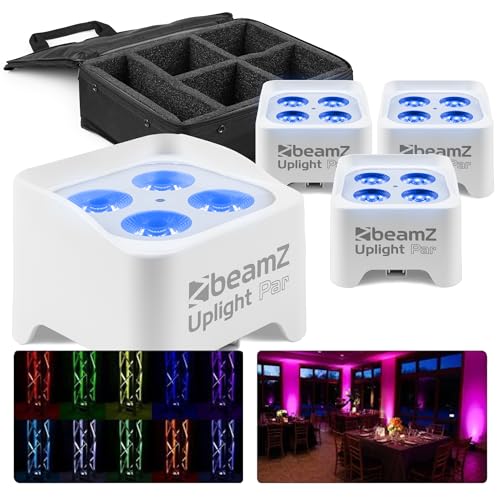 BeamZ BBP90W Uplight PAR 4er Bundle mit Tasche - Akku LED Strahler 4x 4 Watt, Bühnenbeleuchtung, Bühnenlicht, Discolicht, DMX, Partylicht Musikgesteuert, Bühnenequipment, mit Fernbedienung - Weiß von Beamz