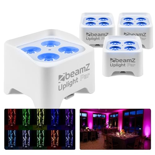 BeamZ BBP90W Uplight PAR Akku LED Strahler 4x 4 Watt, Bühnenbeleuchtung, 4er Set Bühnenlicht, Discolicht, DMX, Partylicht Musikgesteuert, Bühnenequipment, mit Fernbedienung - Weiß von Beamz