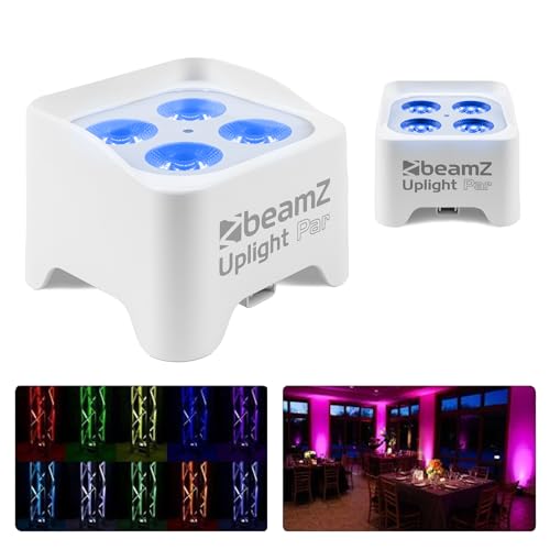 BeamZ BBP90W Uplight PAR Akku LED Strahler 4x 4 Watt, Bühnenbeleuchtung 2er Set für DJ Pult, Bühnenlicht, Discolicht, DMX, Partylicht Musikgesteuert, Bühnenequipment, mit Fernbedienung - Weiß von Beamz