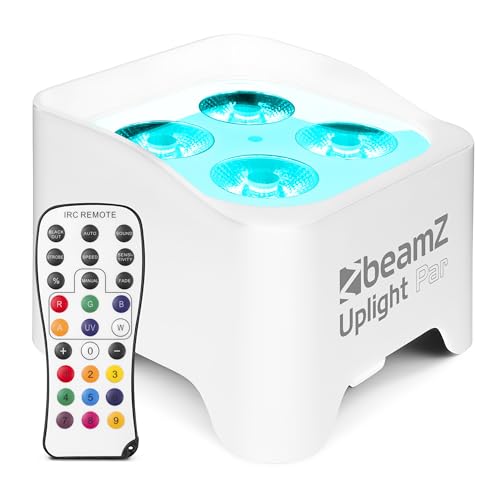 BeamZ BBP90W Uplight PAR Akku LED Strahler 4x 4 Watt, Bühnenbeleuchtung für DJ Pult, Bühnenlicht, Discolicht, DMX-LAN, Partylicht Musikgesteuert, Bühnenequipment, mit Fernbedienung - Weiß von Beamz