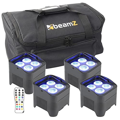 BeamZ BBP94 Akku LED Strahler Uplight 4er Set mit Tasche, 40 Watt LED Spot Effektstrahler Party Strahler, Lichteffekte, DMX, Fernbedienung, Soundmodus, Disco LED-Strahler In- und Outdoor von Beamz