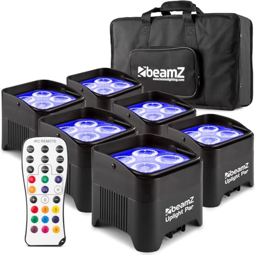BeamZ BBP94 LED Uplight LED Par Strahler, 6er Set mit Tasche, 10 x 4 Watt, Bühnenbeleuchtung 6er Set für DJ Pult, Bühnenlicht, DMX-LAN, Partylicht Musikgesteuert, Bühnenequipment, mit Fernbedienung von Beamz